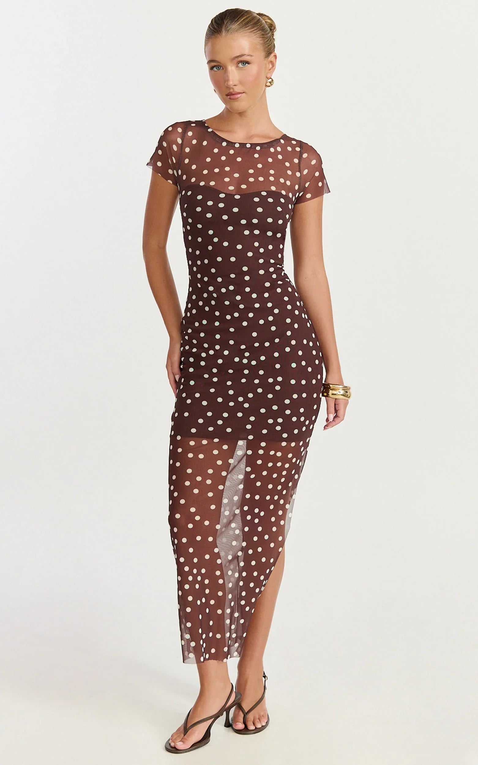 Colette Maxi Dress - Mesh Tshirt Dress in Chocolate Polka Dot