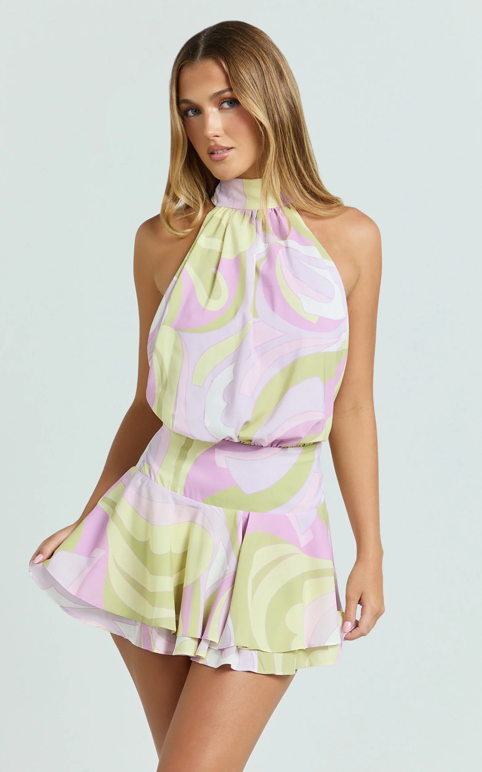 Bryonie Mini Dress - Backless Halter Dress in Pucci Print