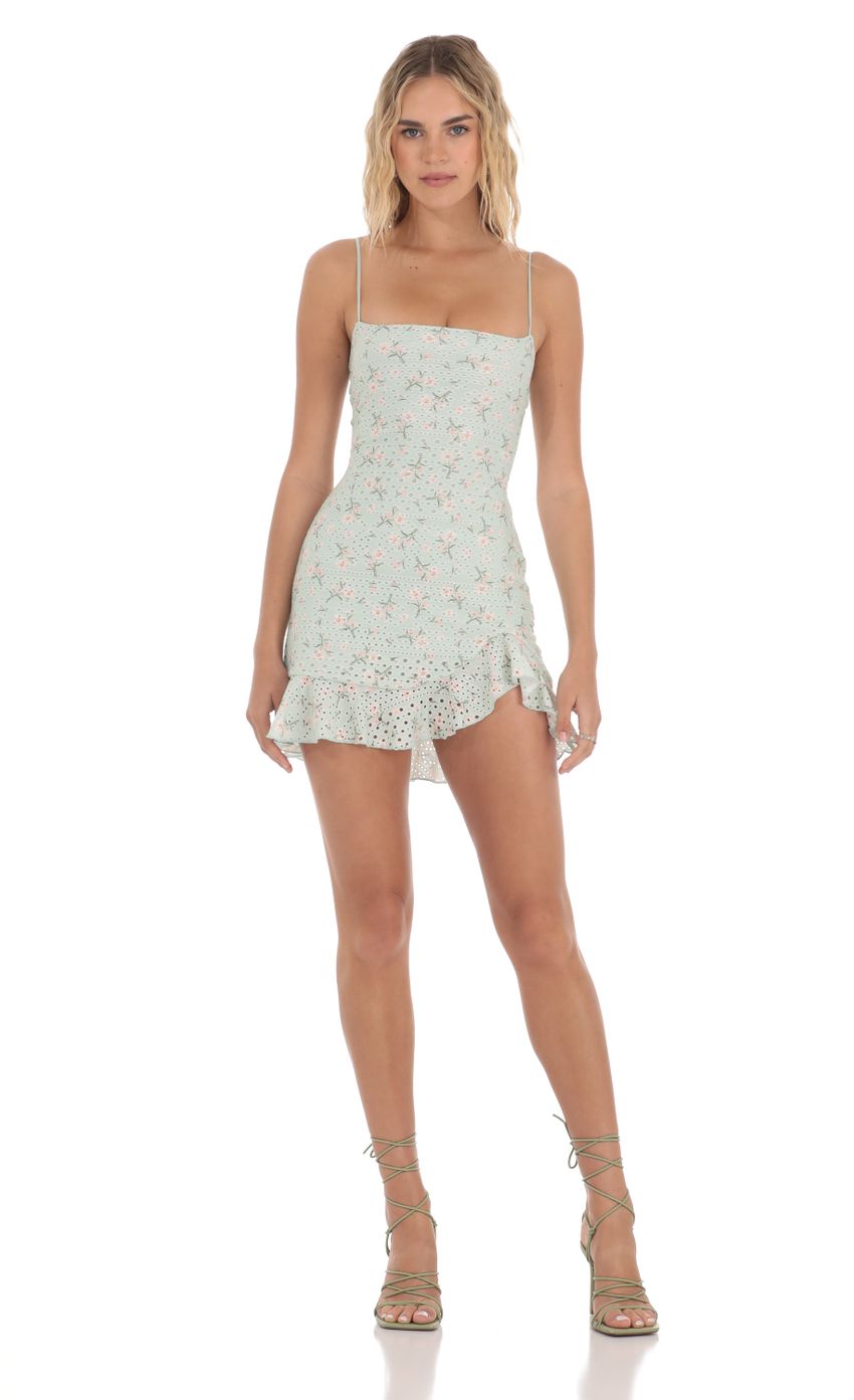 Floral Eyelet Ruffle Dress in Mint Green