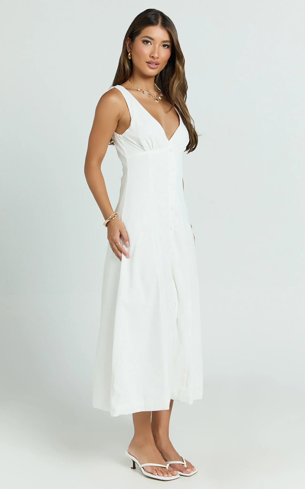 Zula Midi Dress - V Neck Sleeveless Under Bust Seam Circular Skirt Dress in White