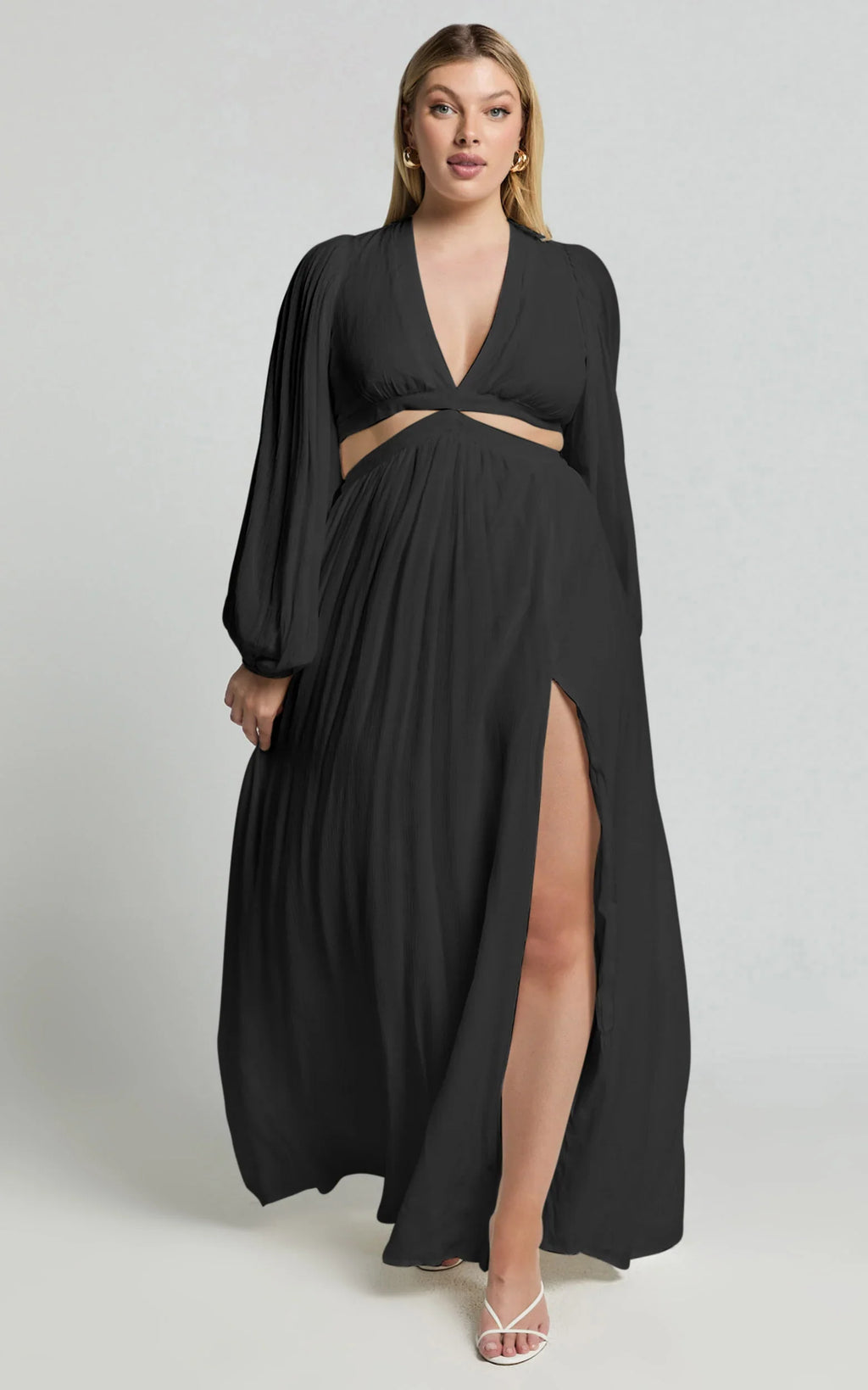 Paige Maxi Dress - Side Cut Out Balloon Sleeve Dress in Black