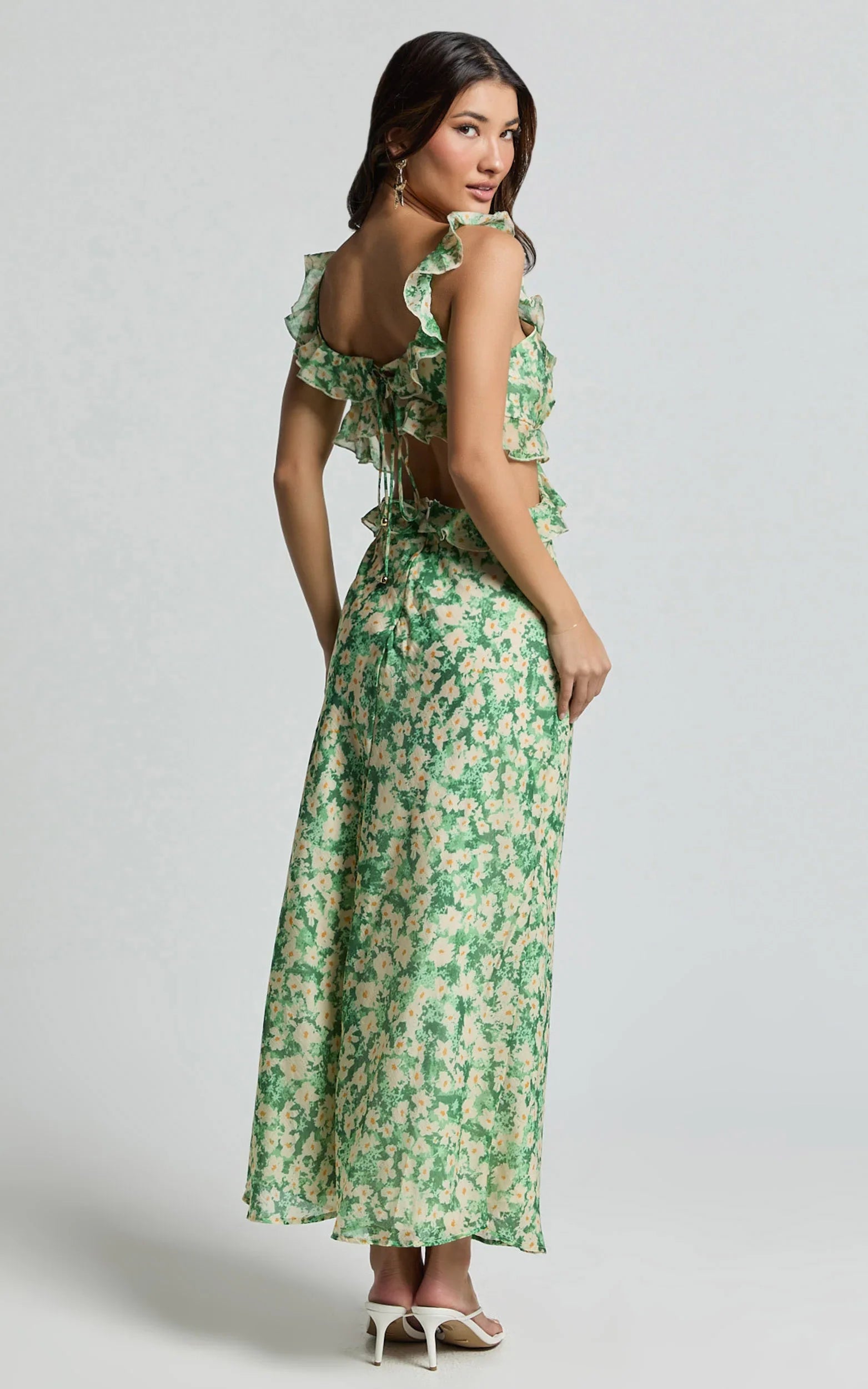 Dahlia Midi Dress - Ruffle Details Slip Dress in Green Floral