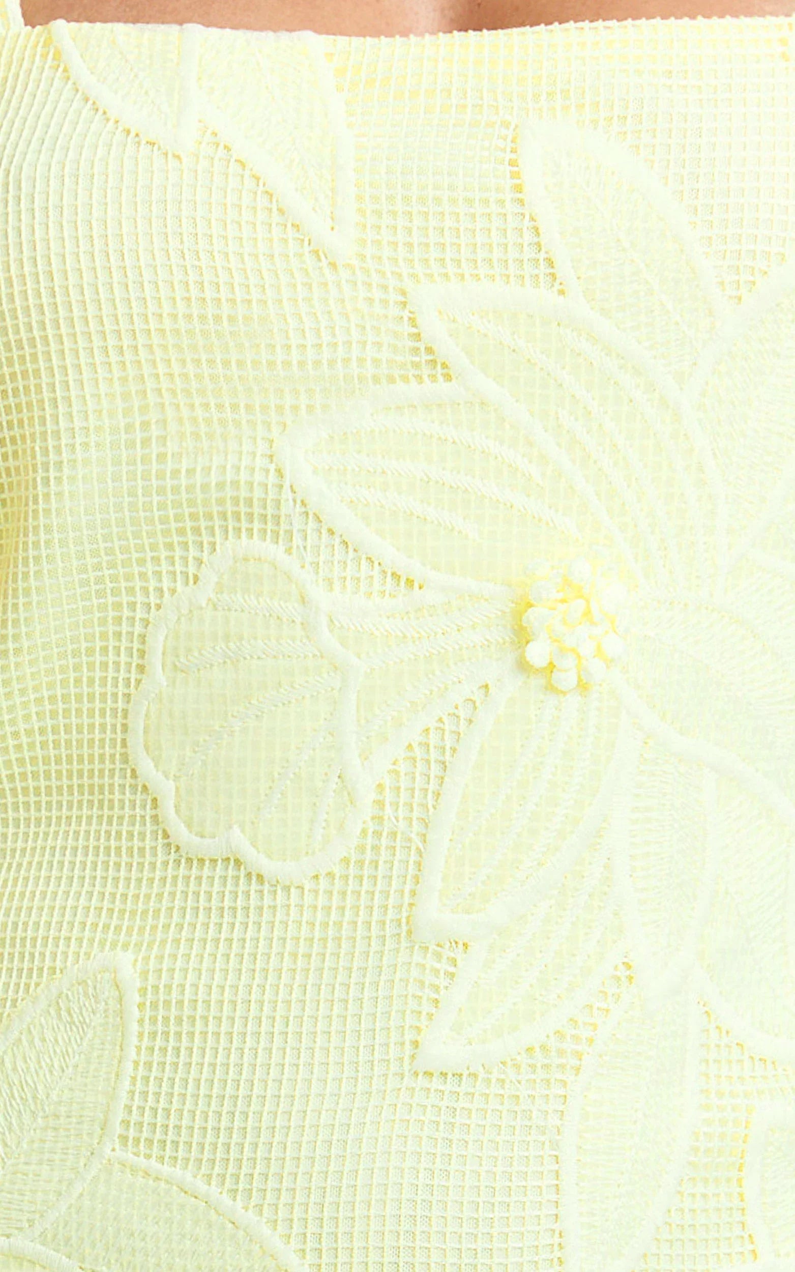 Sienna Mini Dress - Square Neck Floral Embroidered A Line Dress in Lemon