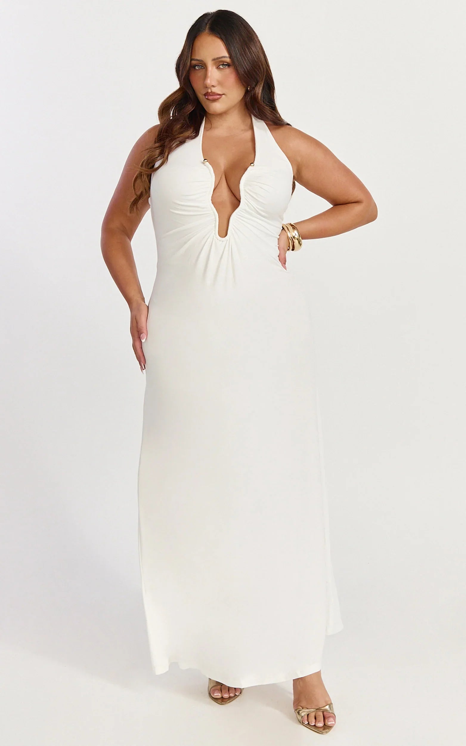 Denise Maxi Dress - Halter U Ruched Neck Cut Out Jersey Dress in White