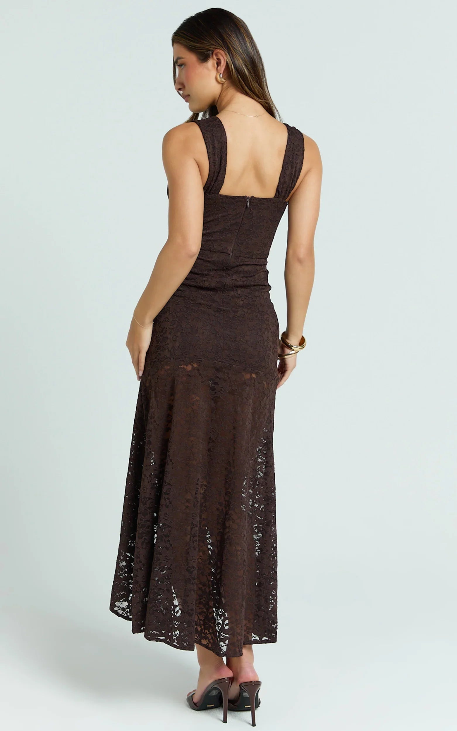 Rosanna Midi Dress - Plunge Lace Fit And Flare Dress in Chocolate