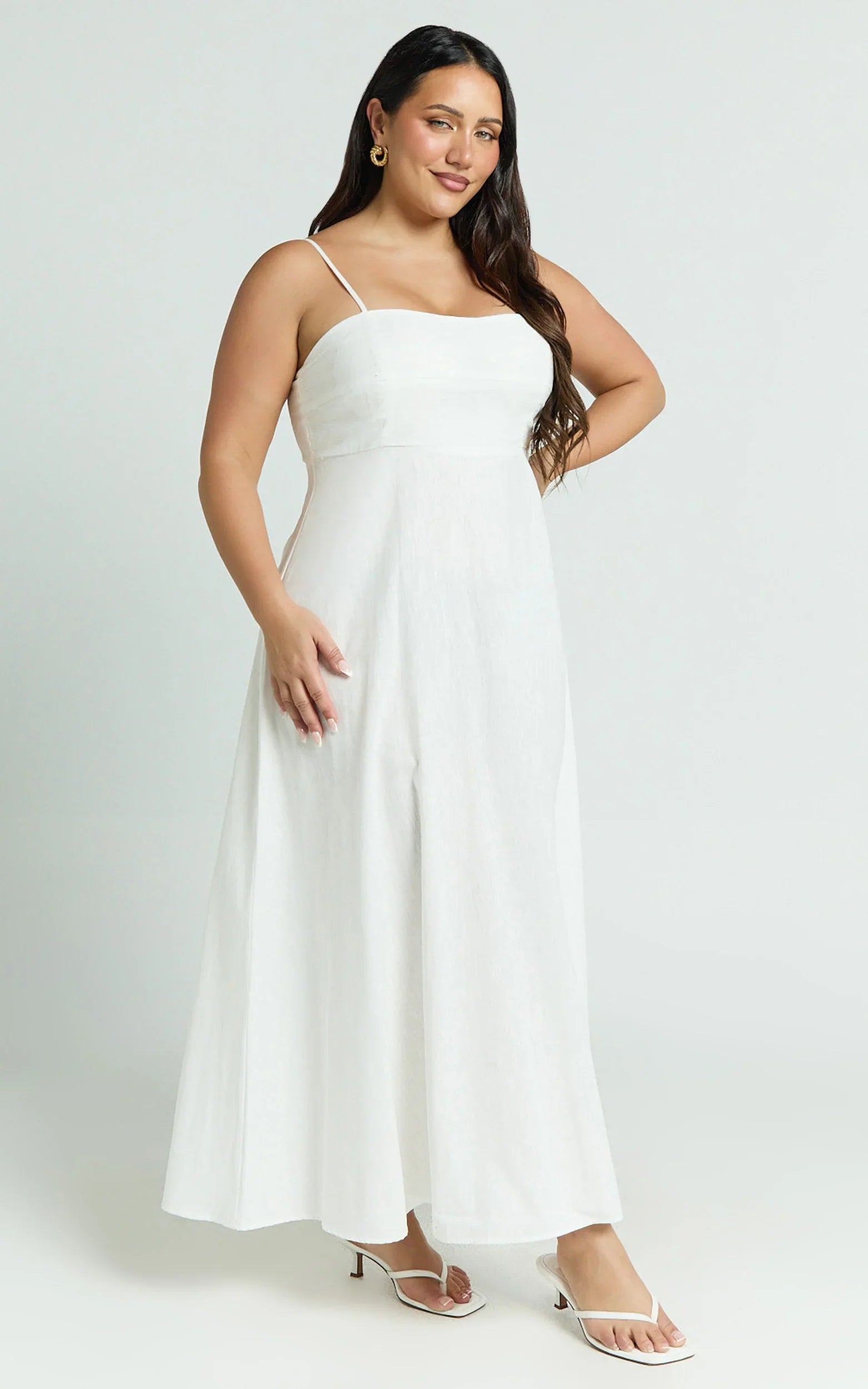 Brette Midi Dress - Linen Straight Neck Strappy Fit And Flare Dress in White