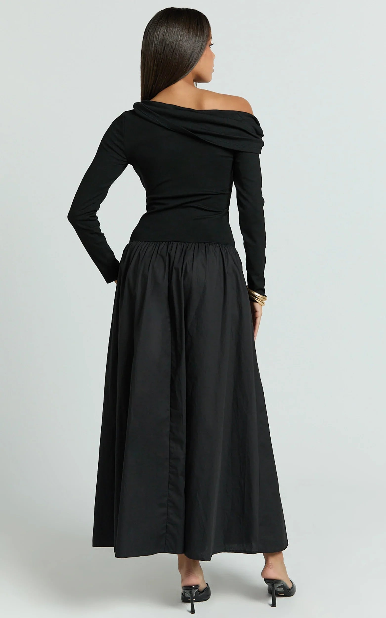 Lorna Midi Dress - One Shoulder Long Sleeve Dress in Black
