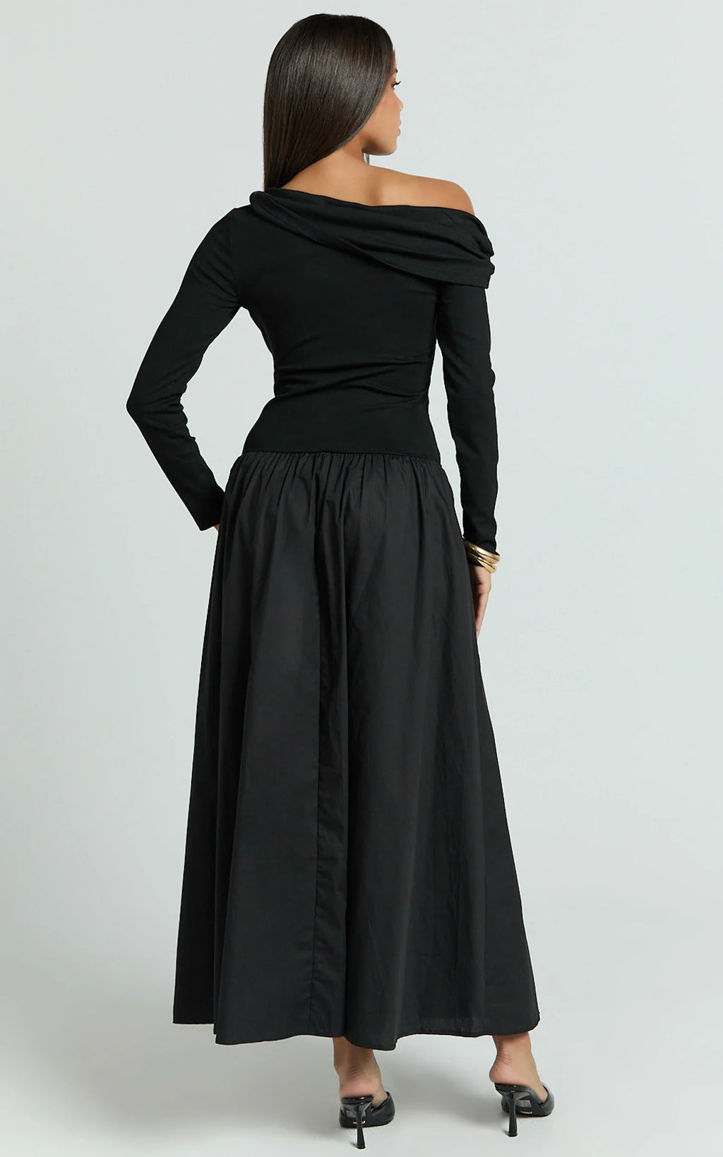 Lorna Midi Dress - One Shoulder Long Sleeve Dress in Black