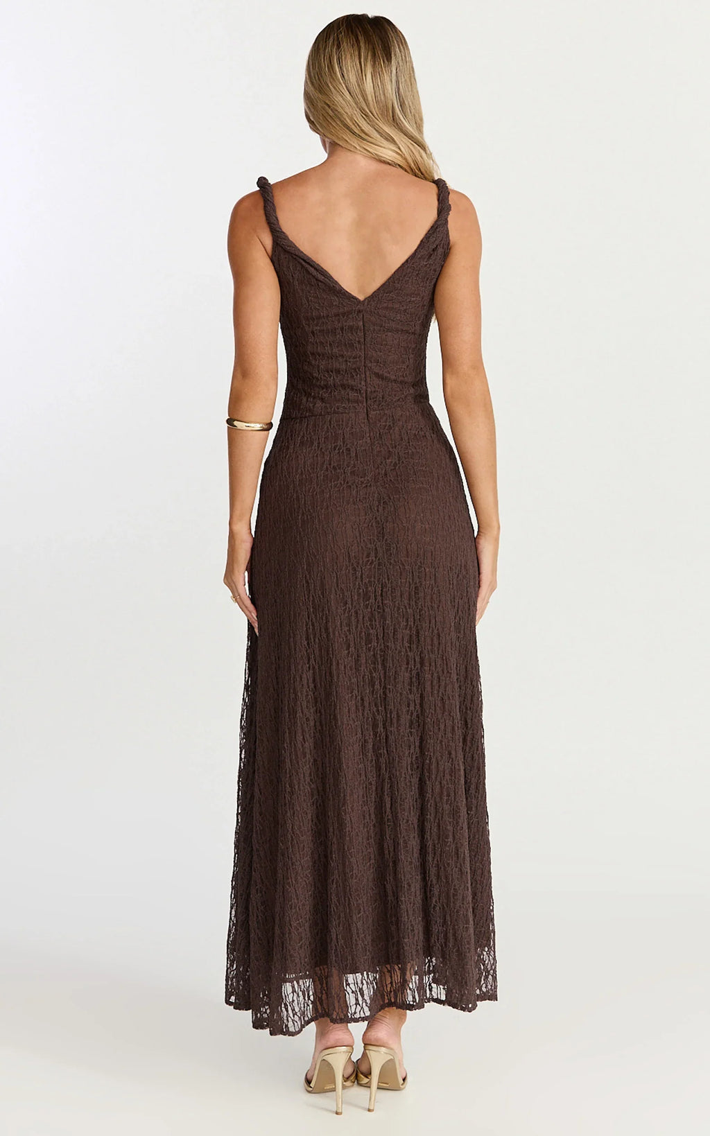Abby Midi Dress - High Neck Asym Detail Dress in Chocolate