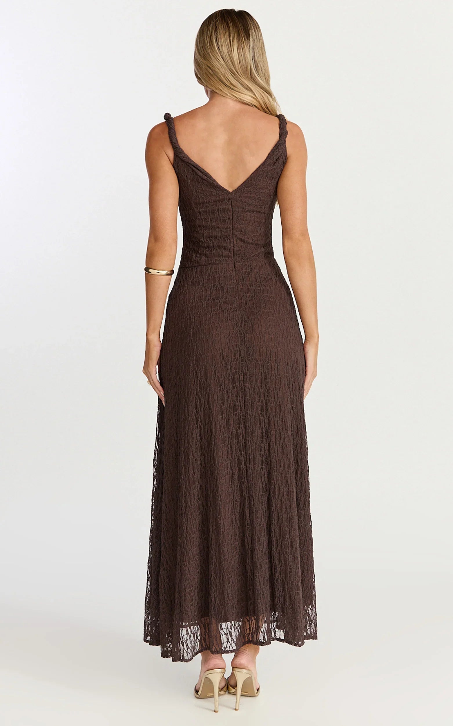 Abby Midi Dress - High Neck Asym Detail Dress in Chocolate