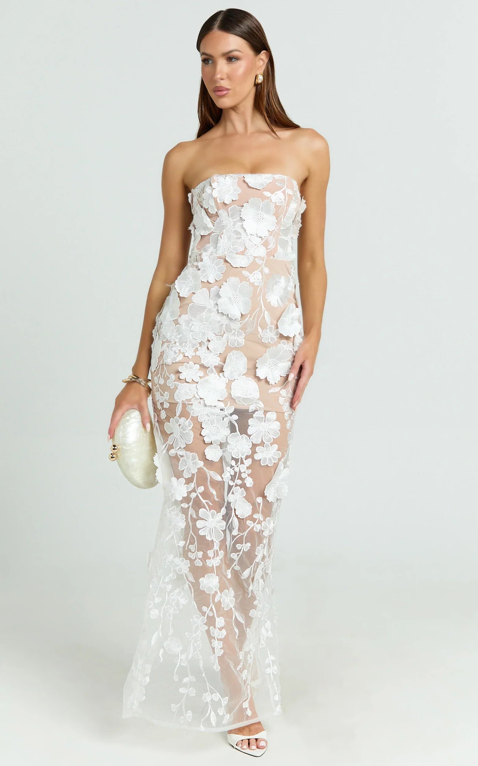 Sienna Maxi Dress - 3D Floral Strapless Column Dress in White