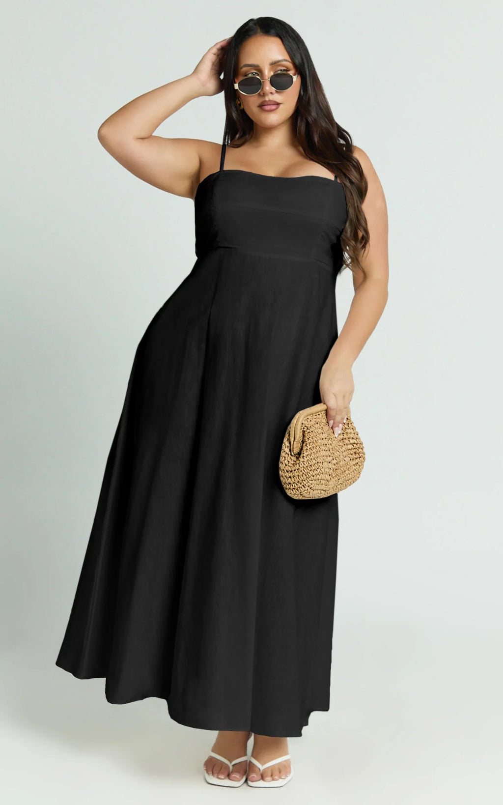 Brette Midi Dress - Linen Straight Neck Strappy Fit And Flare Dress in Black