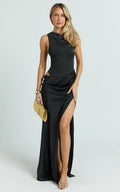 Pepper Maxi Dress - High Neck Bodysuit with Draped Skirt in Black