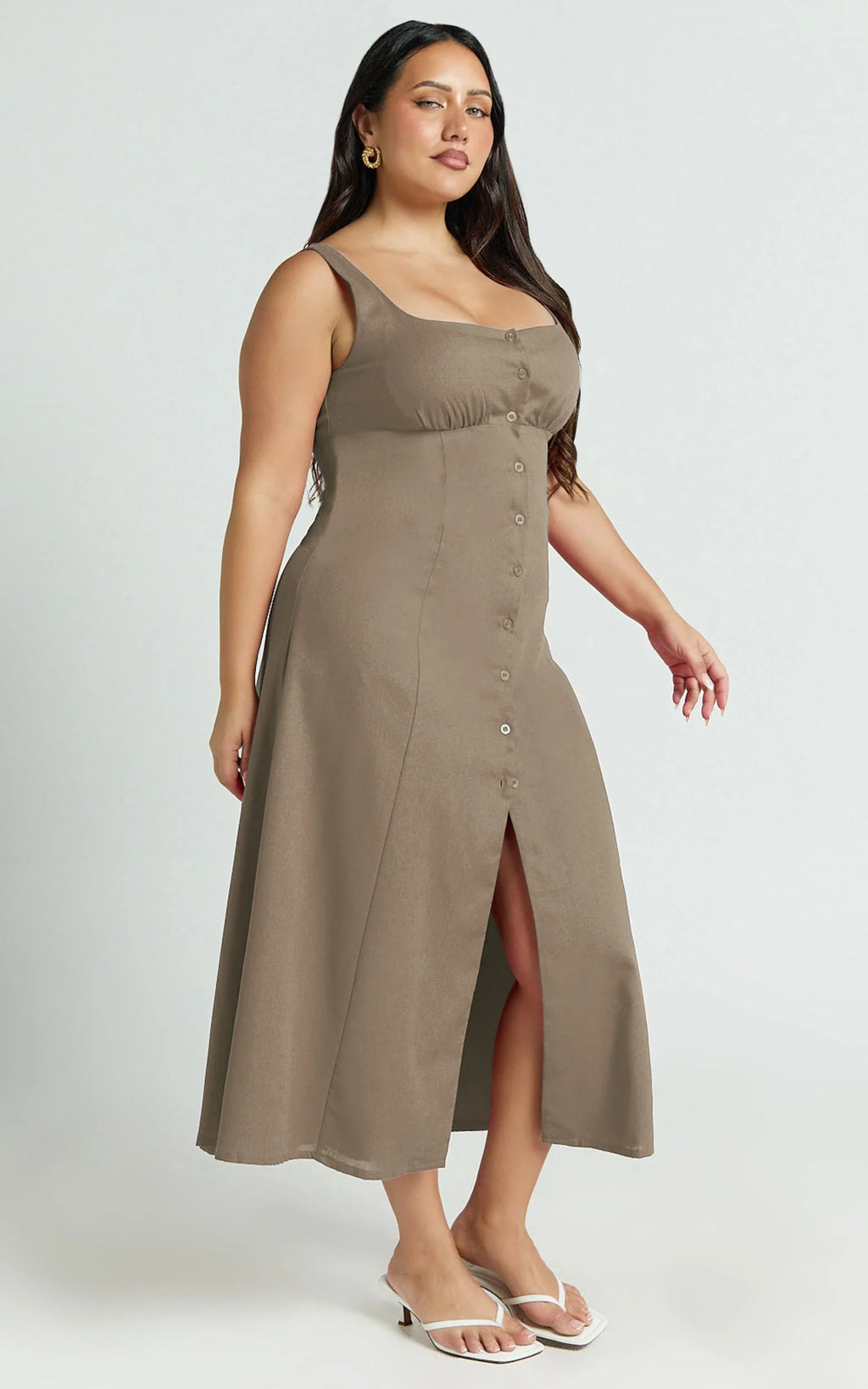 Cameron Midi Dress - Button Front Tie Back Dress in Mocha