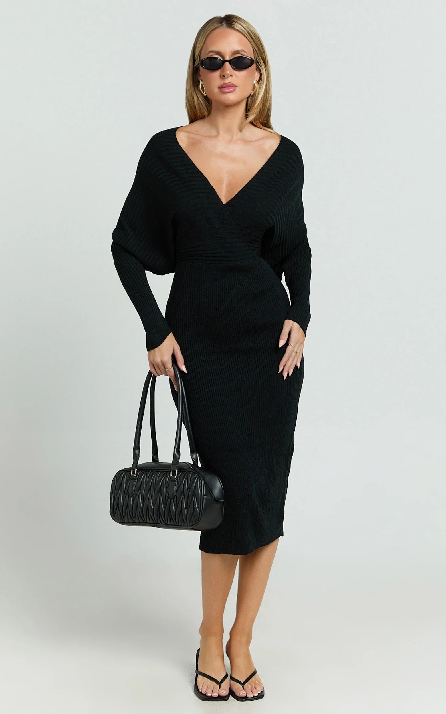 Sheika Midi Dress - Long Sleeve Off Shoulder Knit Dress in Black