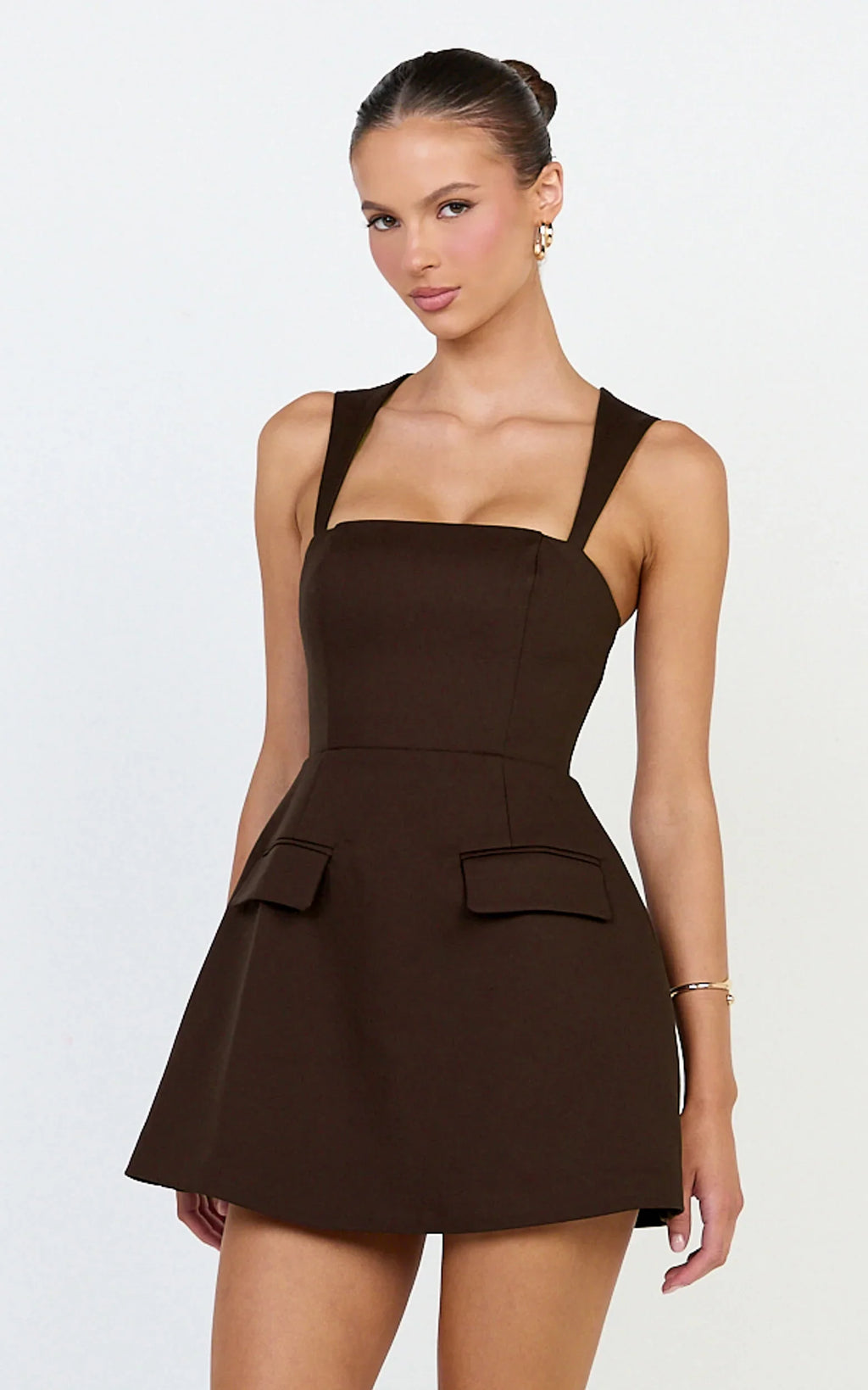 Garrett Mini Dress - Square Neck Fit And Flare Dress in Dark Chocolate