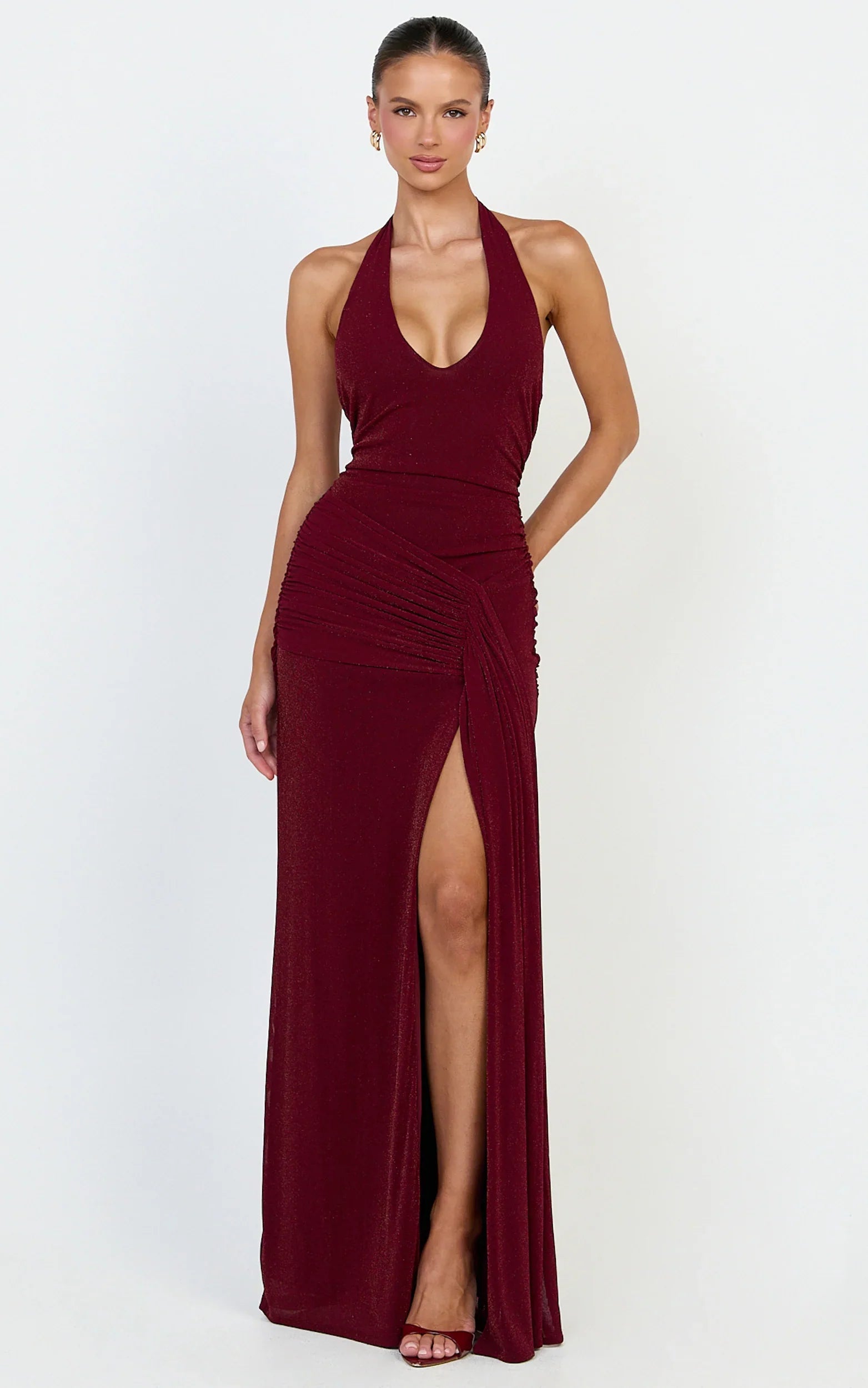 Coraline Maxi Dress - Plunge Neckline Lurex Mesh Halter Dress in Wine