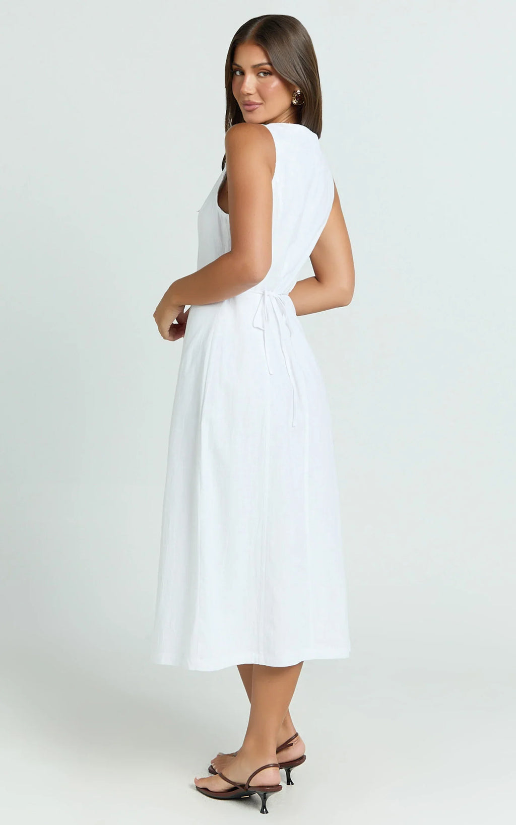 Juliet Midi Dress - Button Through V Neck Dress in White