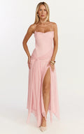 Idris Midi Dress - Cowl Neck Draped Sash Godet Dress in Soft Pink