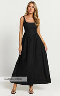 Rhaziya Midi Dress - Sleeveless Straight Neck Fit and Flare Dress in Black