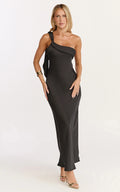 Calix Midi Dress - One Shoulder Slip Dress in Black