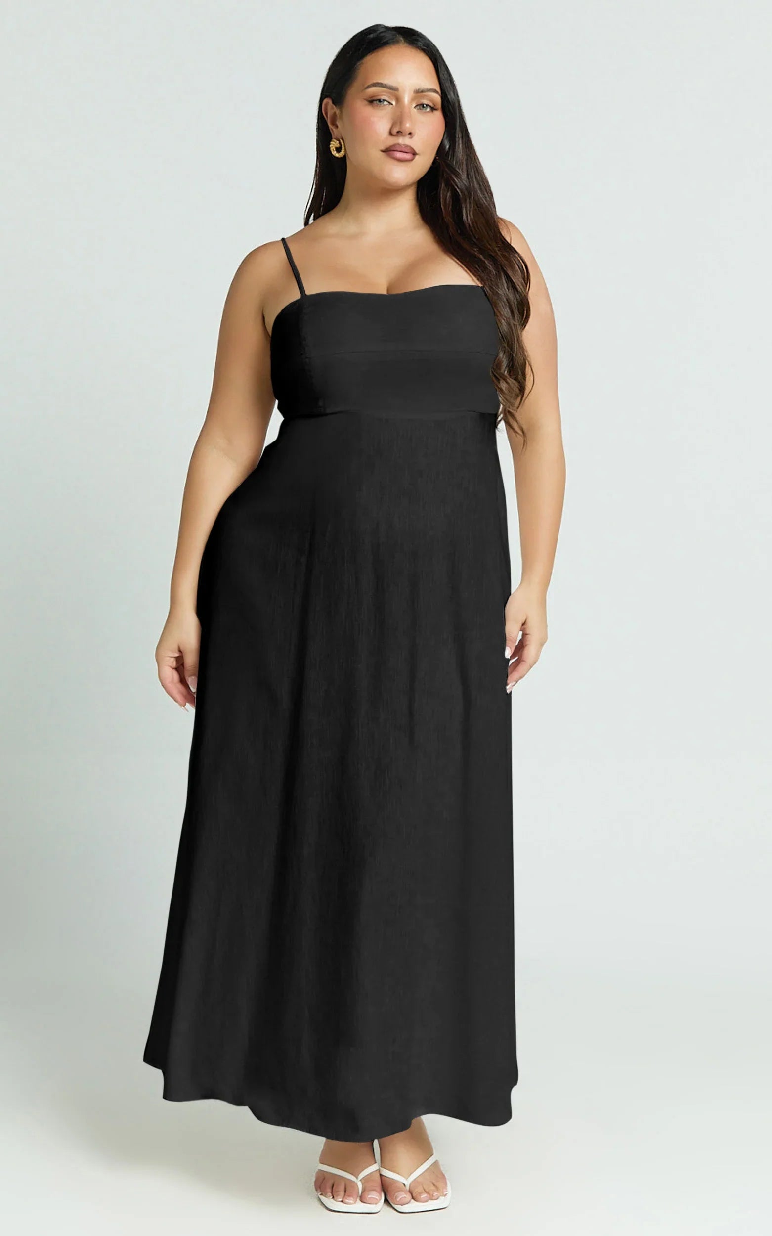 Brette Midi Dress - Linen Straight Neck Strappy Fit And Flare Dress in Black