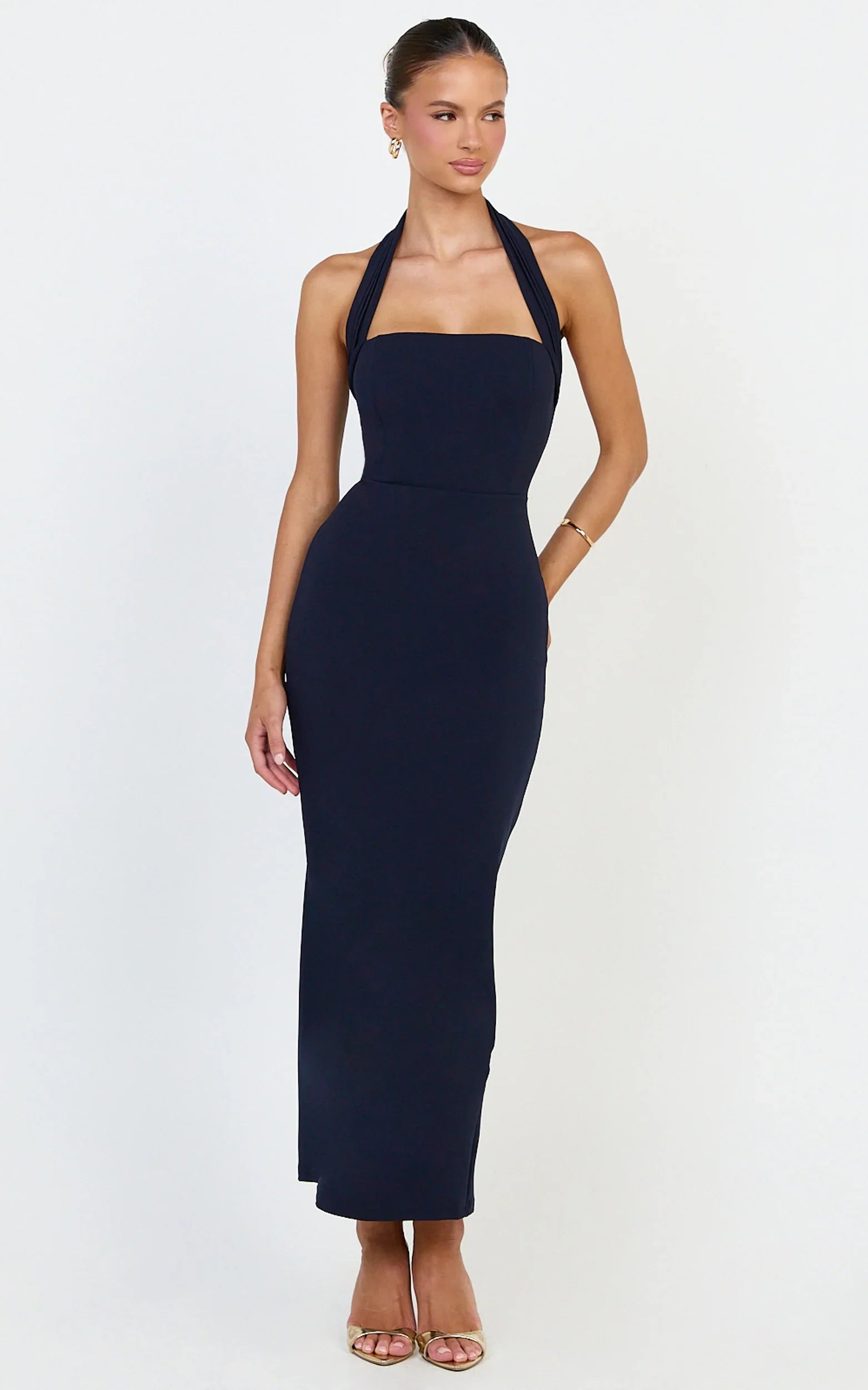 Salome Midi Dress - Halter Neck Column Dress in Navy