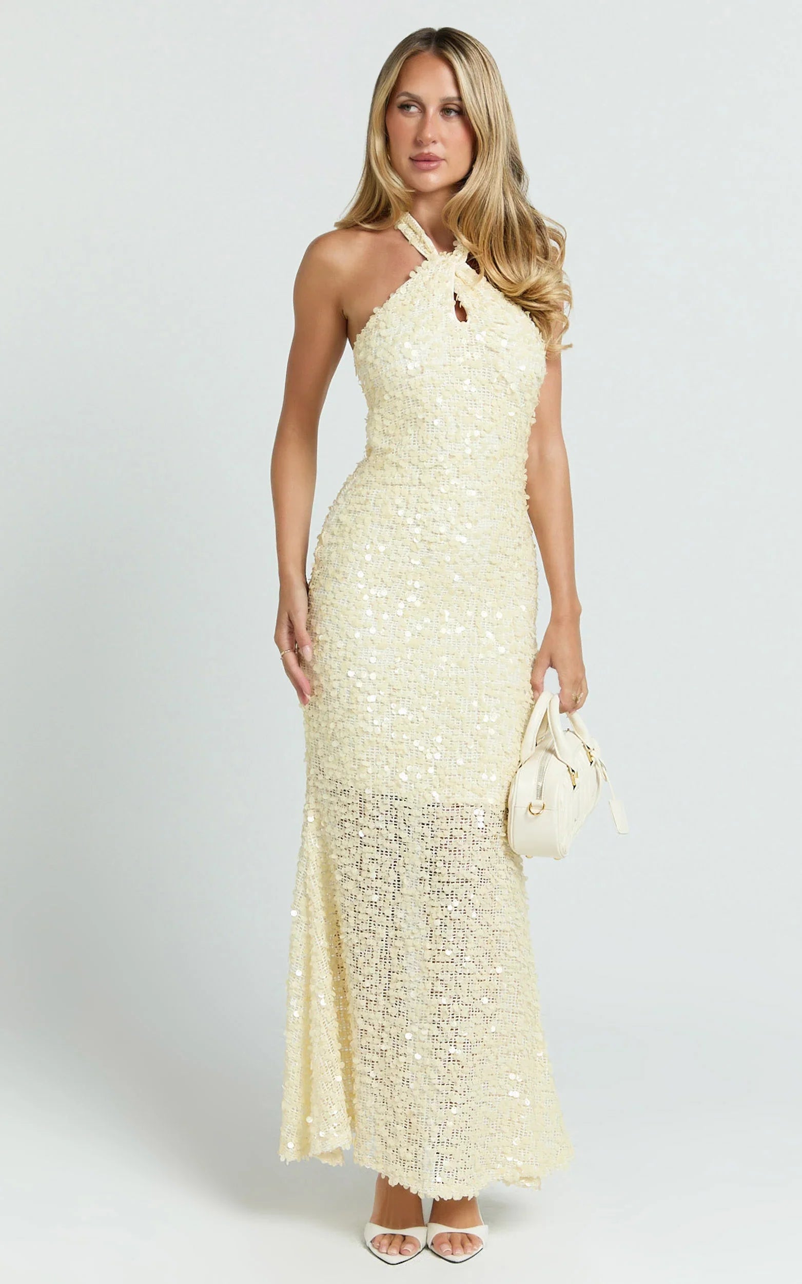 Celeste Midi Dress - Sequin Halter Low Back Dress in Lemon