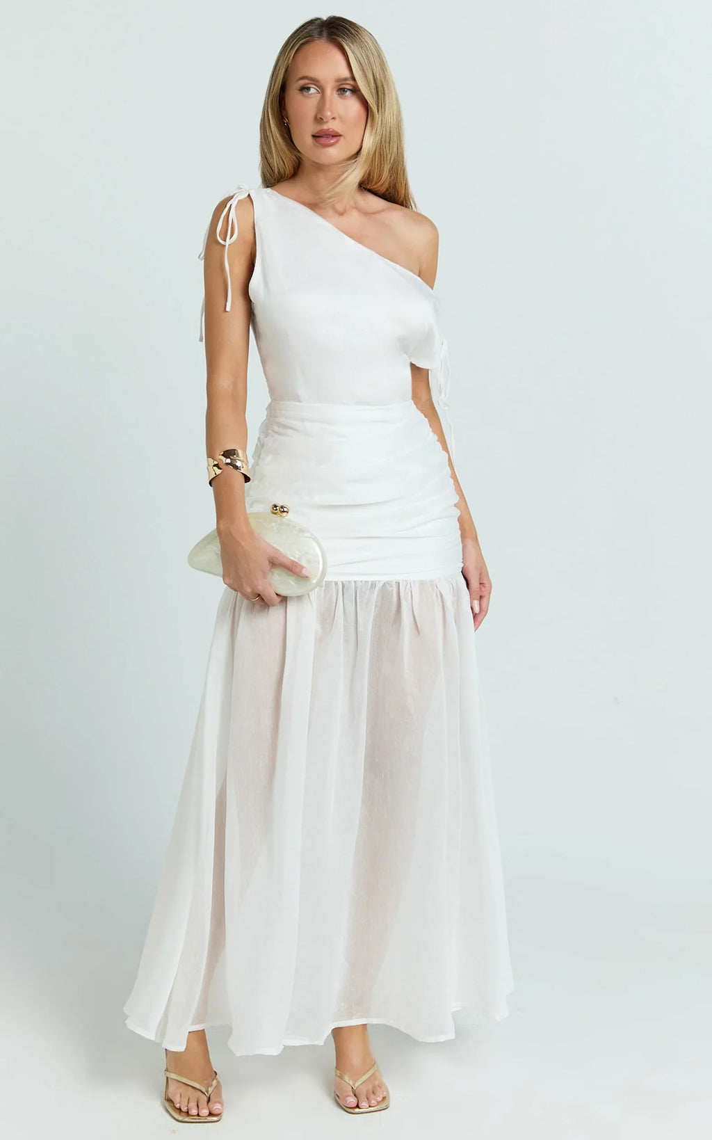 Mackenzie Midi Dress - Tipped Shoulder Drop Waist Full Gathered Skirt Dress in White