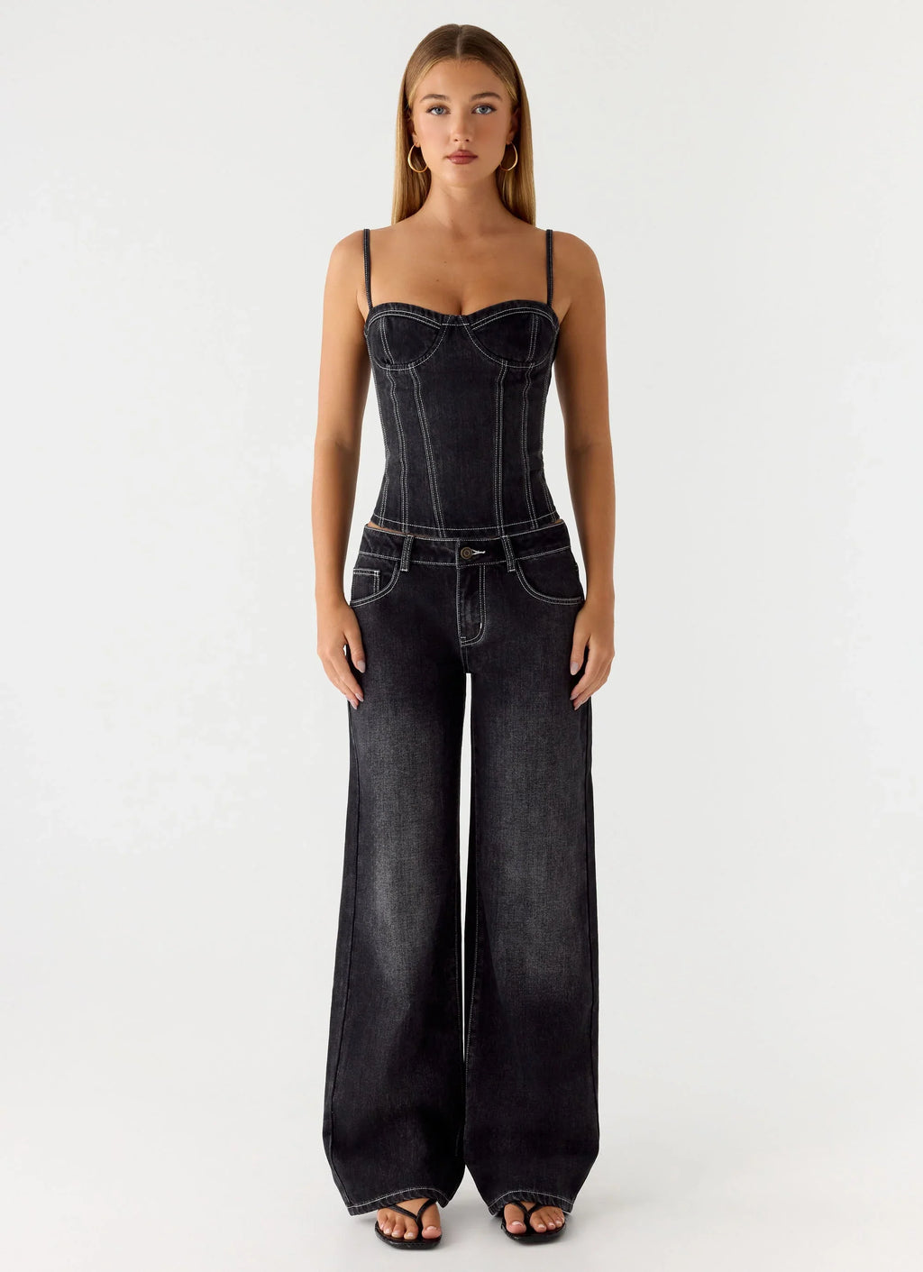 Nathan Denim Corset Top - Washed Black