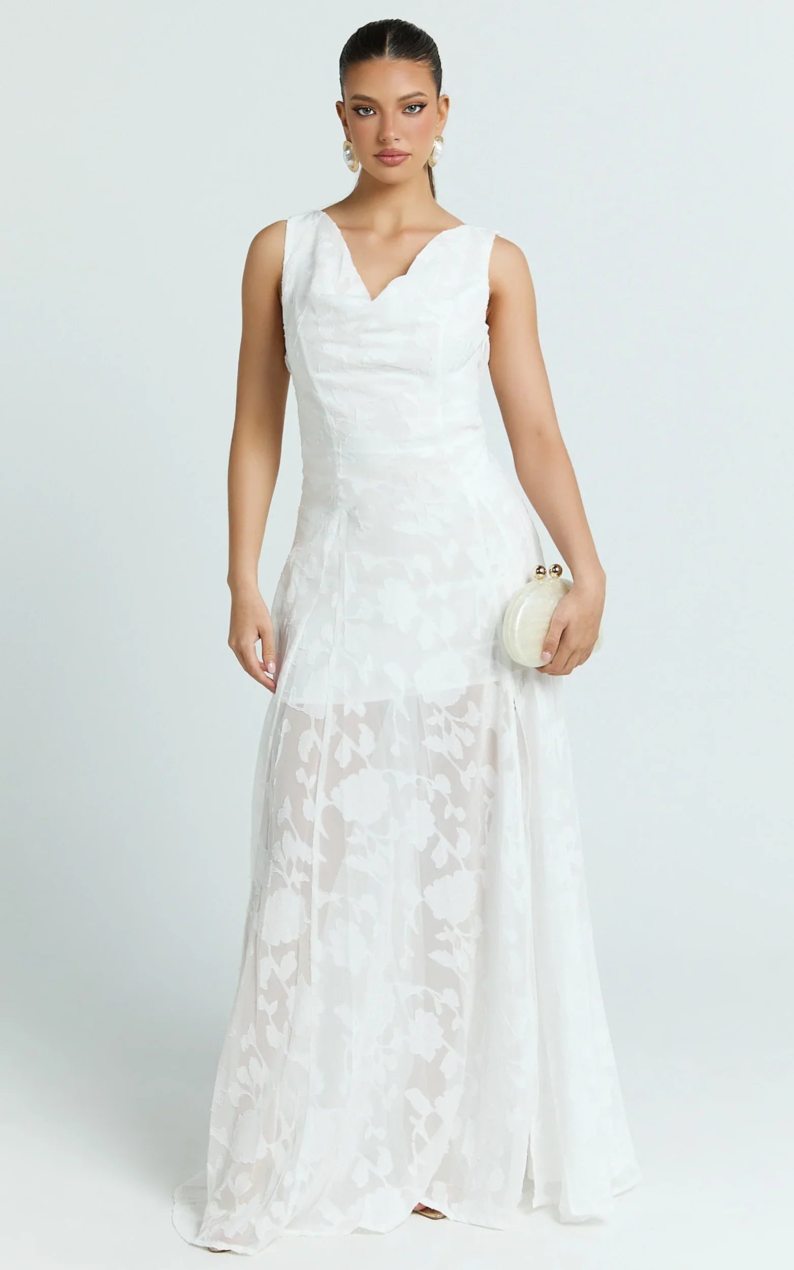 Ziva Maxi Dress - Jacquard Cowl Neck Dress in White