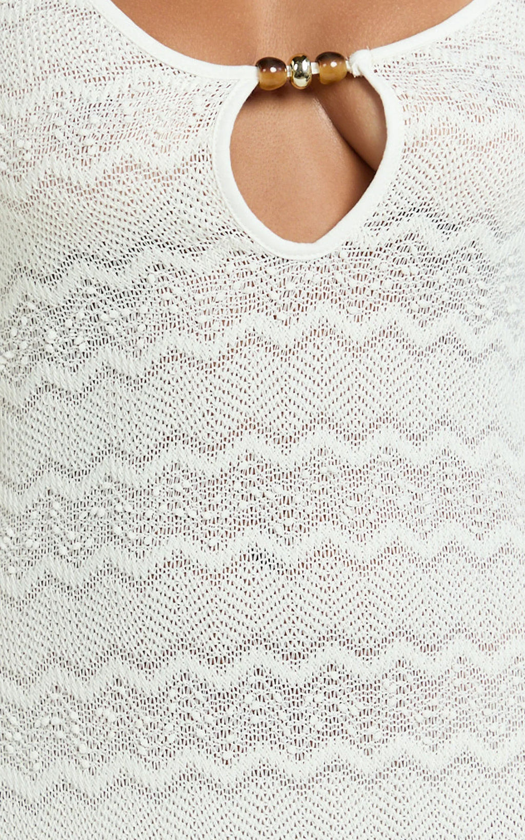 Bonnie Mini Dress - Beaded Keyhole Neckline Long Sleeve Dress in Ivory