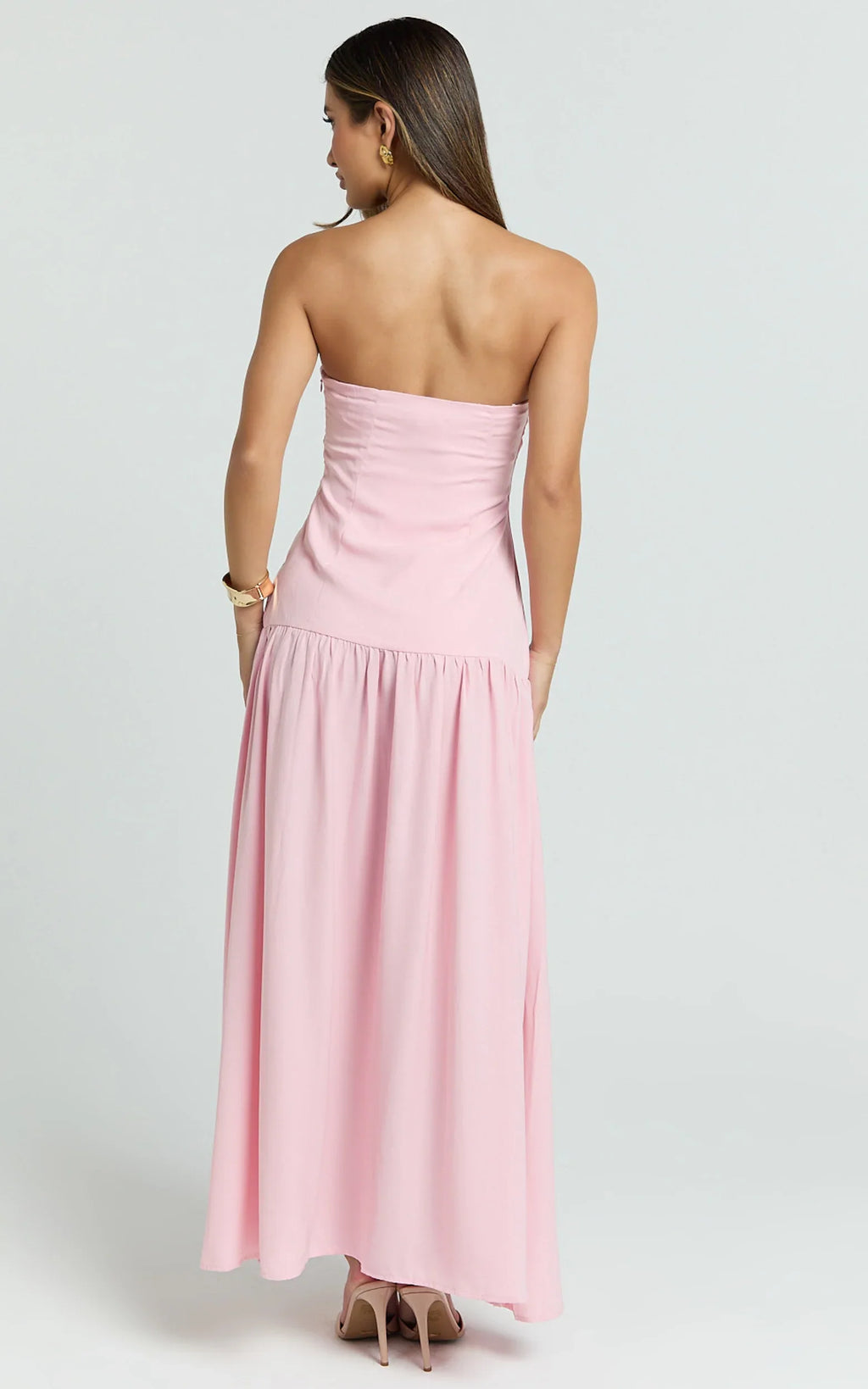 Nadiane Midi Dress - Strapless Asymmetric Drop Waist Dress in Pink