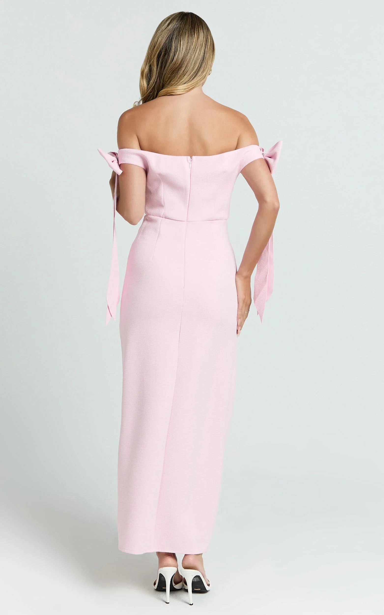 Zyriel Midi Dress - Off Shoulder Bow Sleeve Dress in Pink
