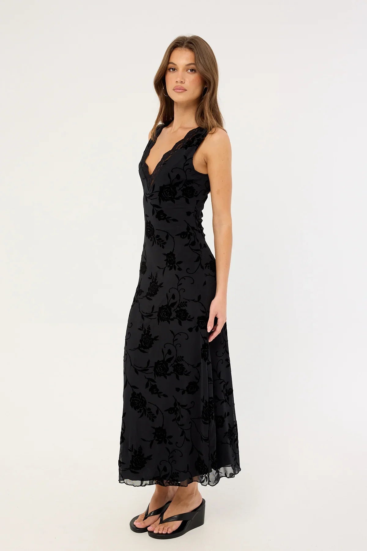 Motel Saga Midi Dress Rose Flock Black