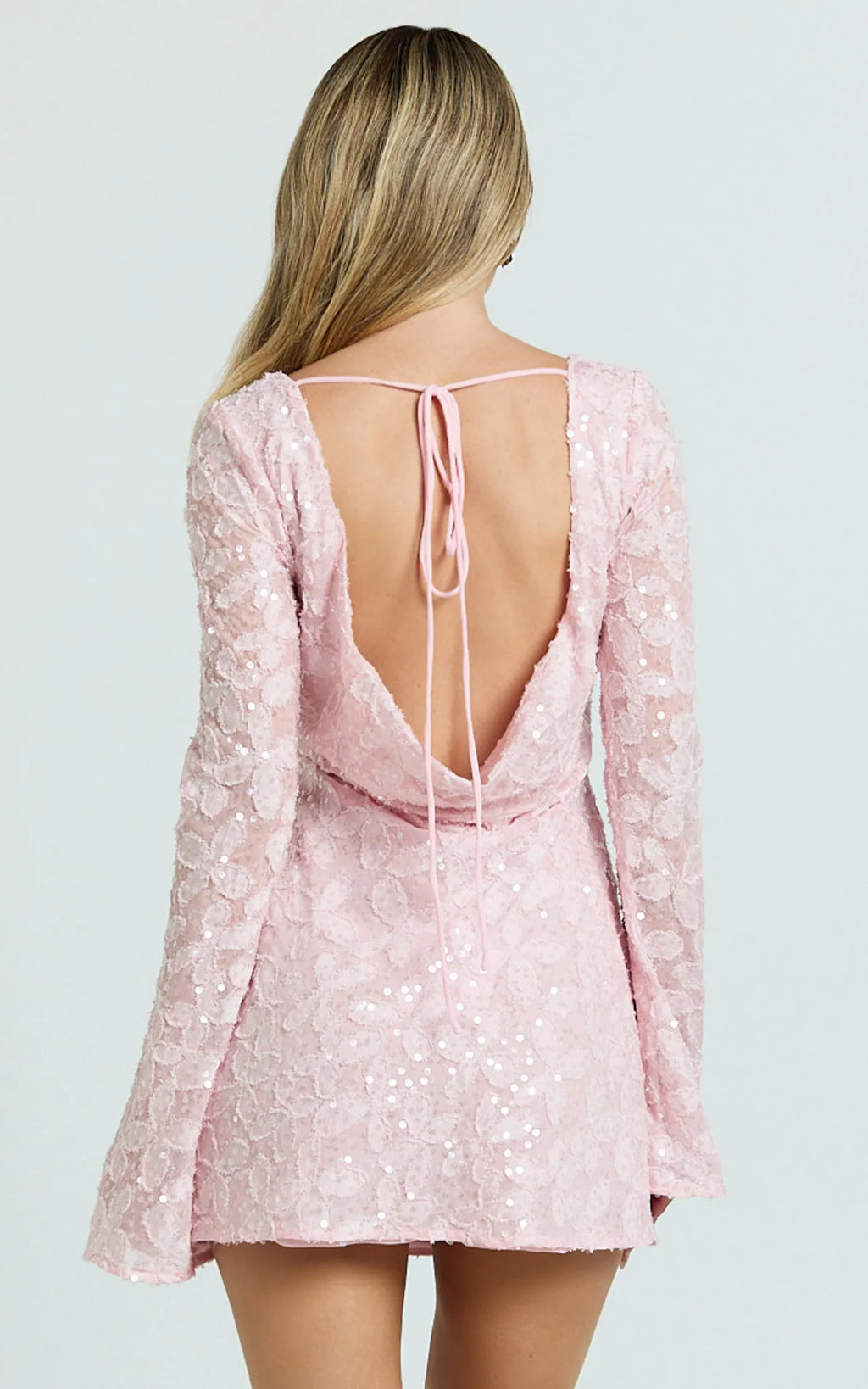 Terri Mini Dress - Long Sleeve Cowl Back Neck Dress in Pale Pink