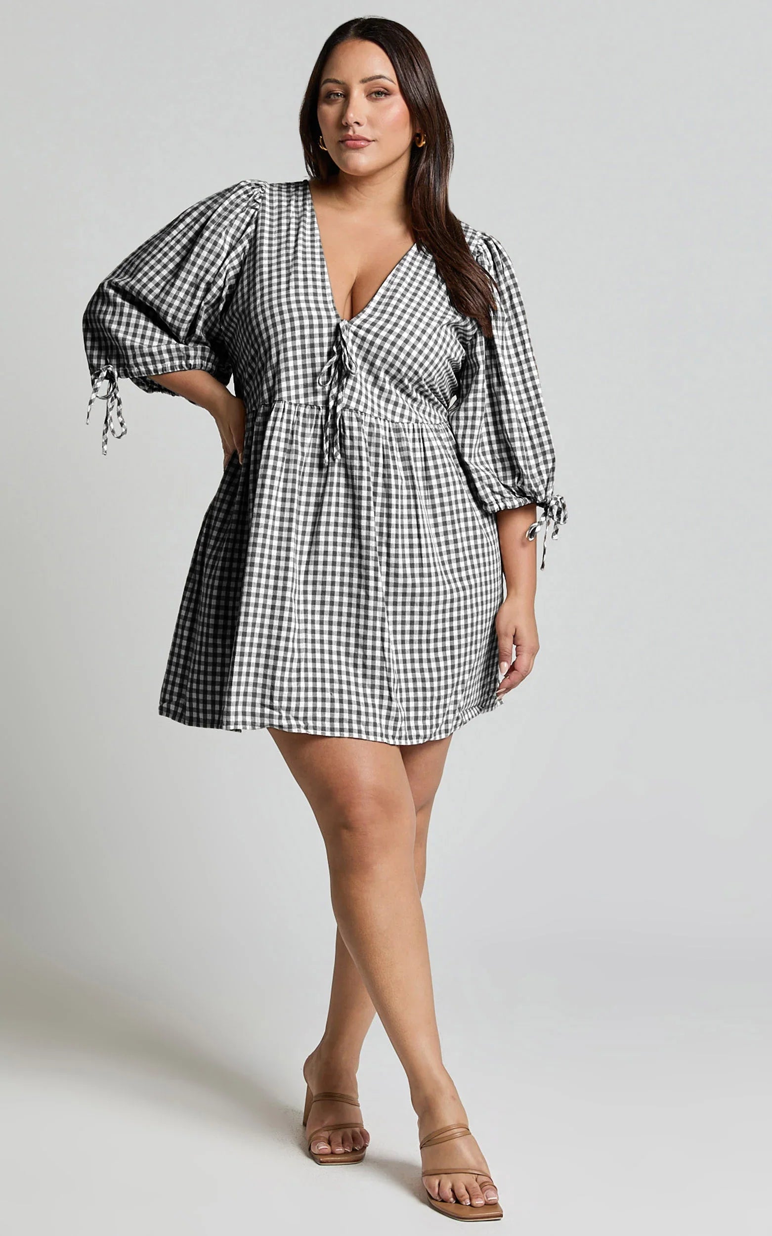 Rosita Mini Dress - Tie Front Puff Sleeve Dress in Black and White Check