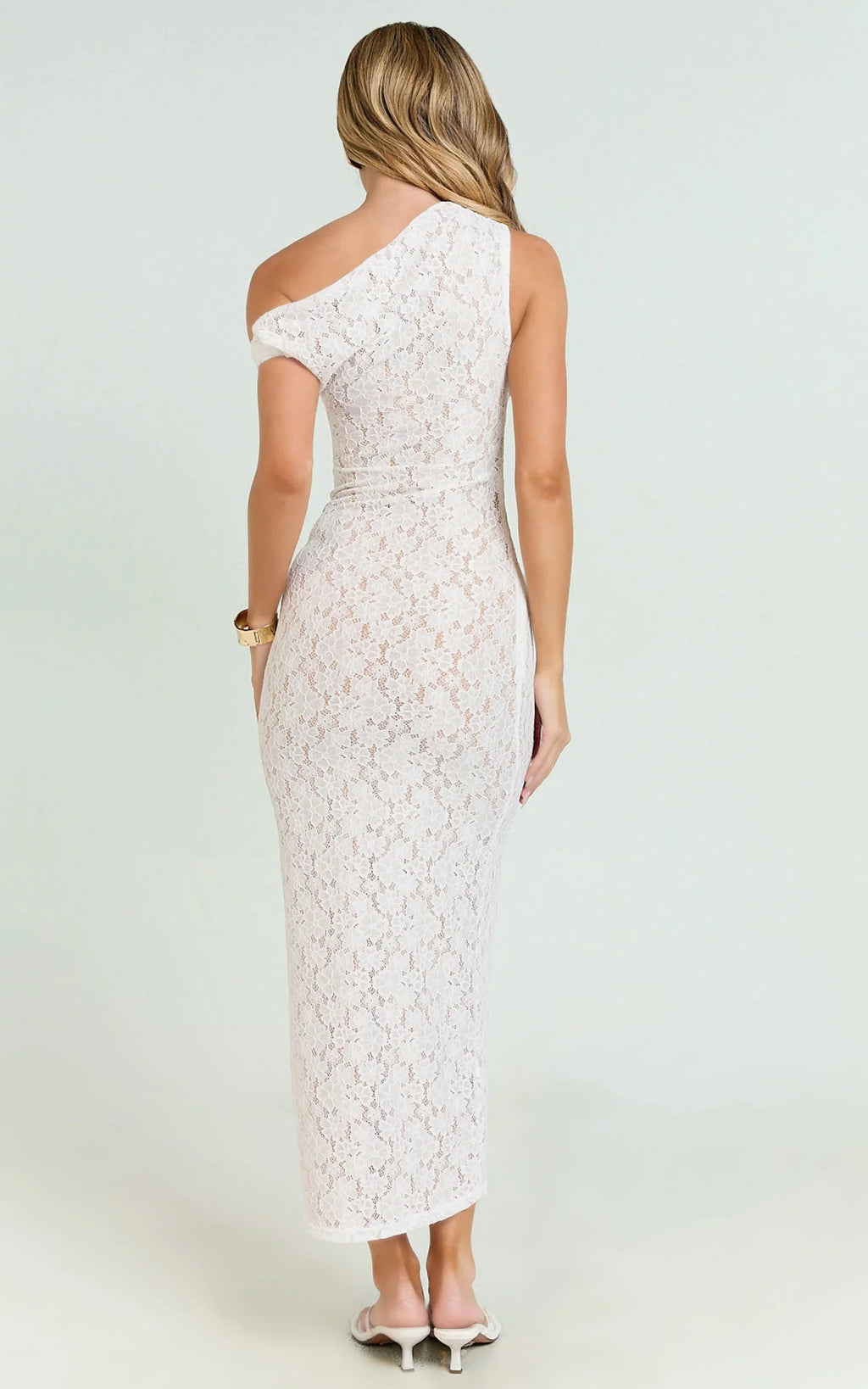 Sally Midi Dress - Stretch Lace Twist Off Shoulder Dress in White