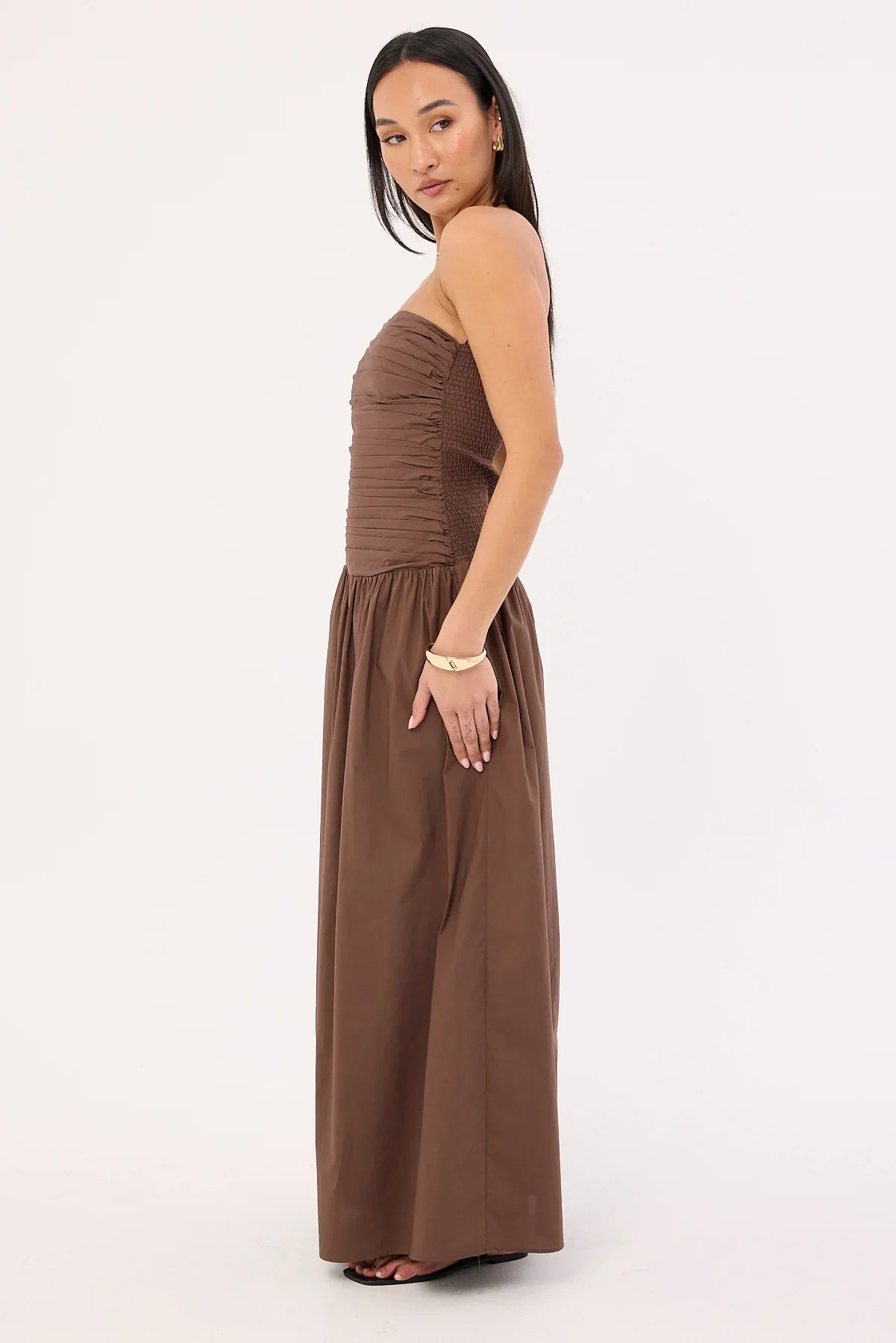 Luck & Trouble Strapless Drop Waist Midi Dress Brown