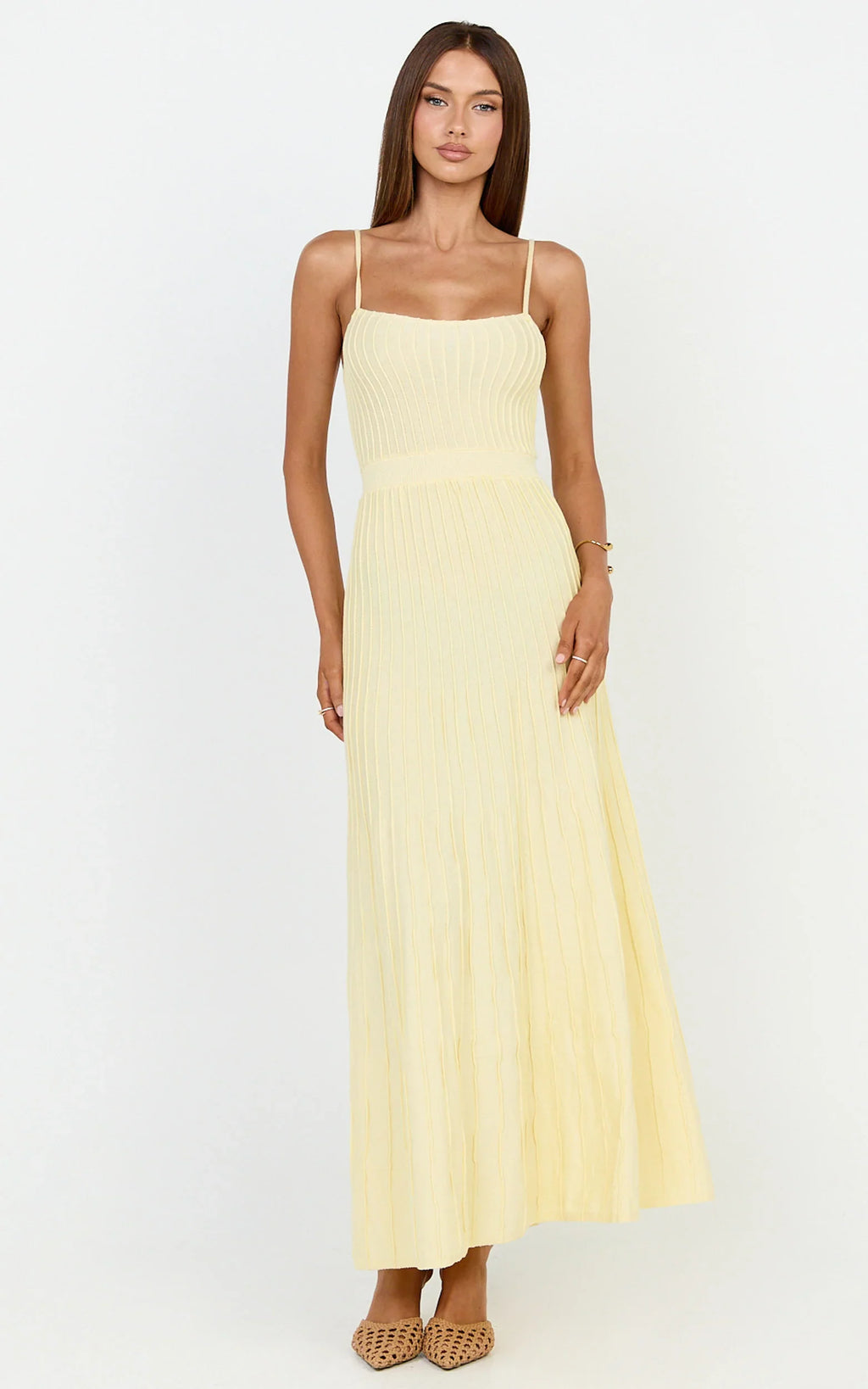 Donissa Midi Dress - Panelled Knit Dress in Butter Yellow