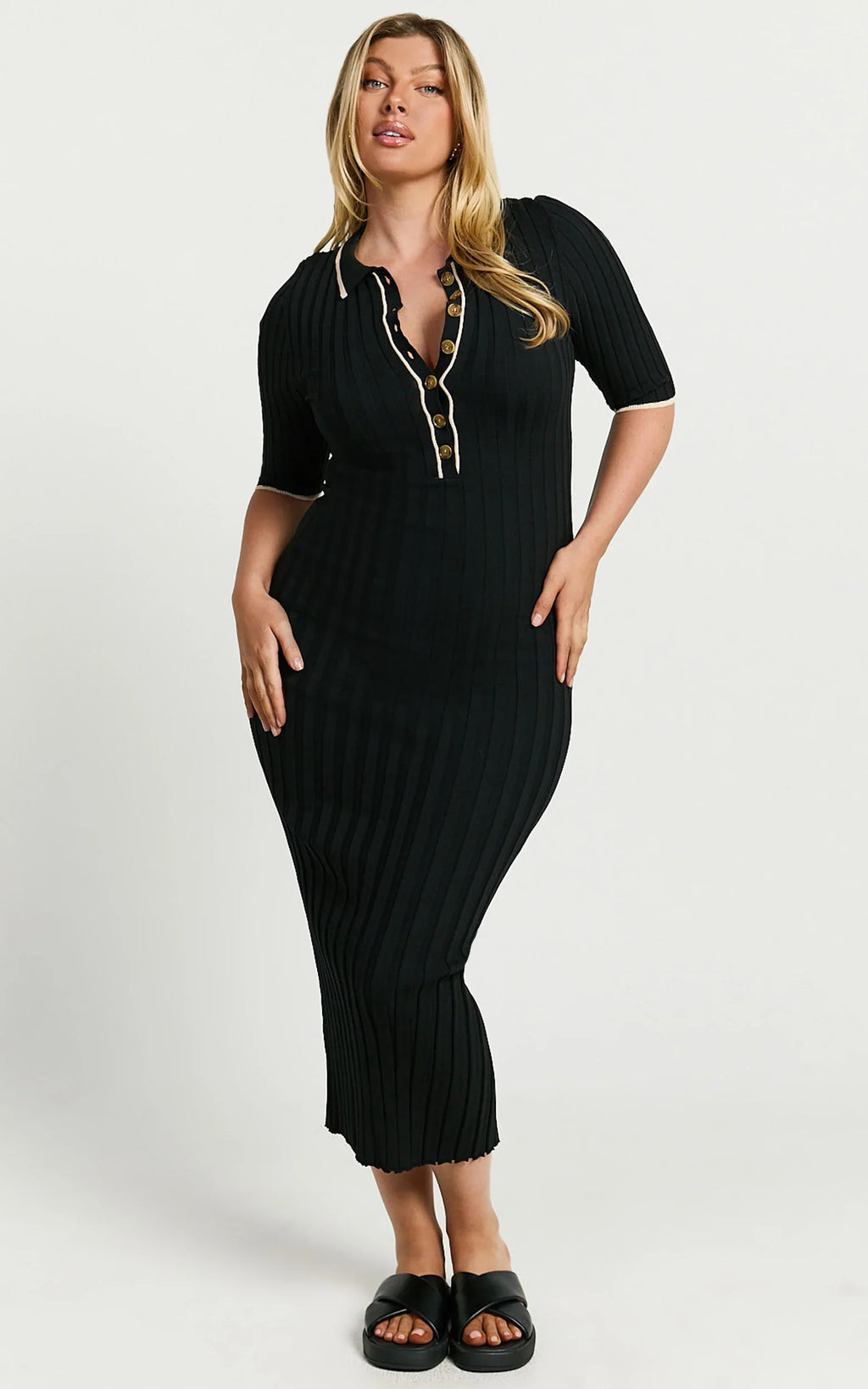 Lada Midi Dress - Short Sleeve Button Front Knit Dress in Black
