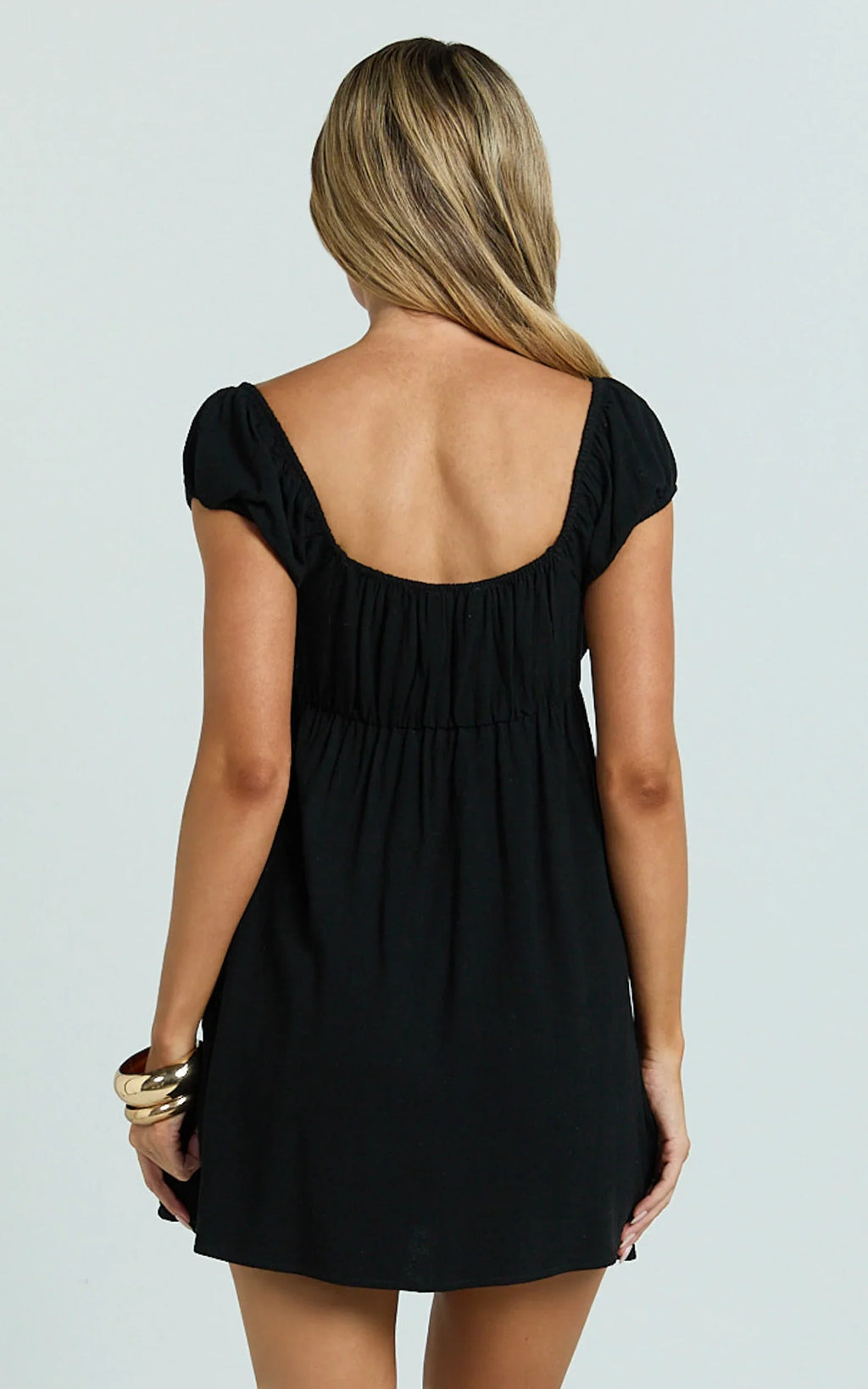 Brooks Mini Dress - Puff Sleeve Front Tie Babydoll Dress in Black