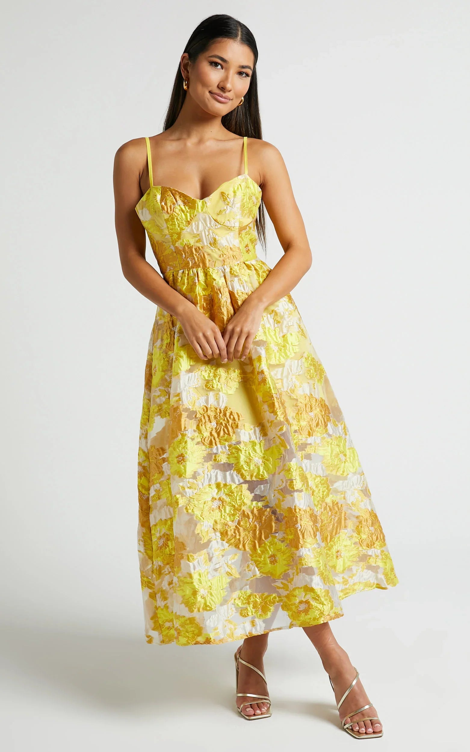 Brailey Midi Dress - Aline Corset Detail Dress in Yellow