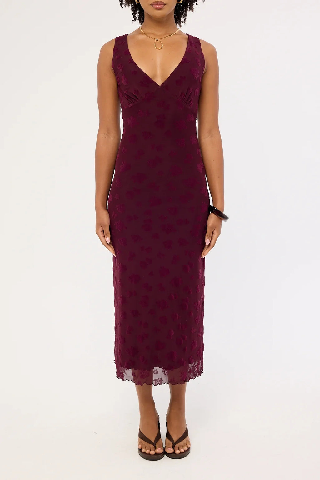 Luck & Trouble Gia Flocked Midi Dress Dark Burgundy