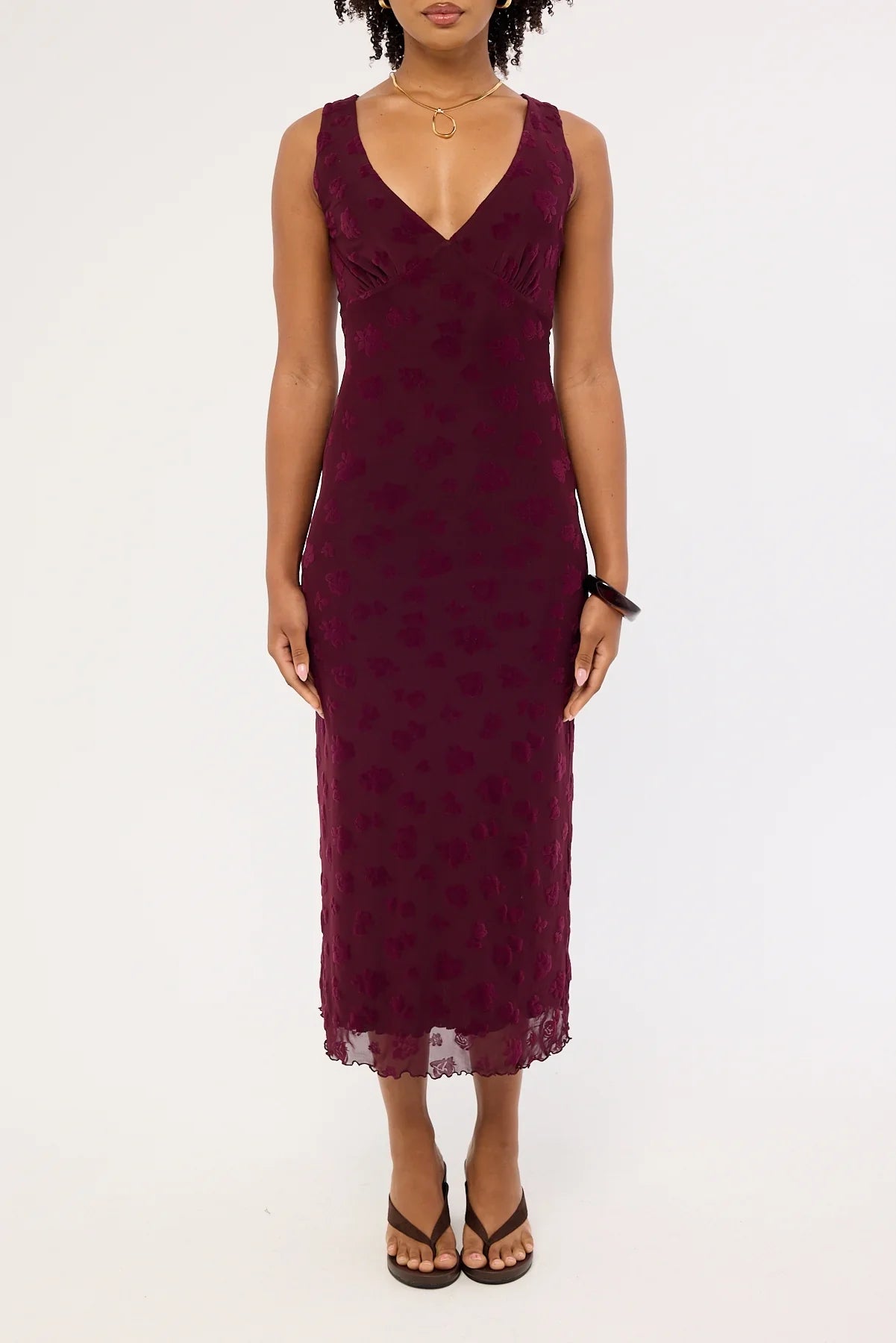 Luck & Trouble Gia Flocked Midi Dress Dark Burgundy