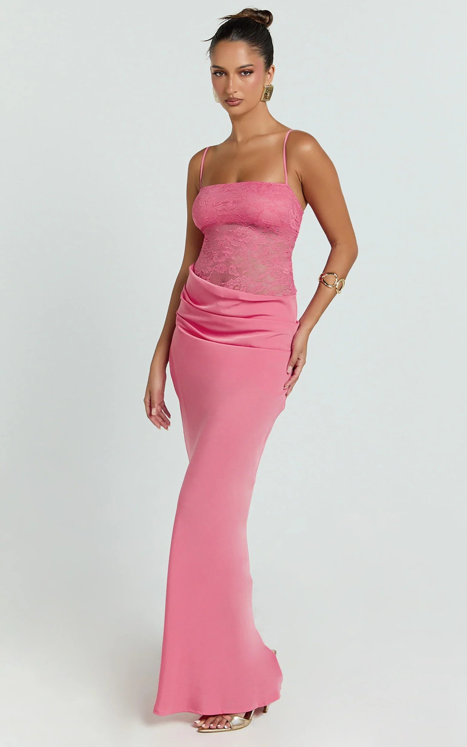 Rania Maxi Dress - Contrast Lace Bodice Bias Cowl Drop Waist Dress in Dark Pink