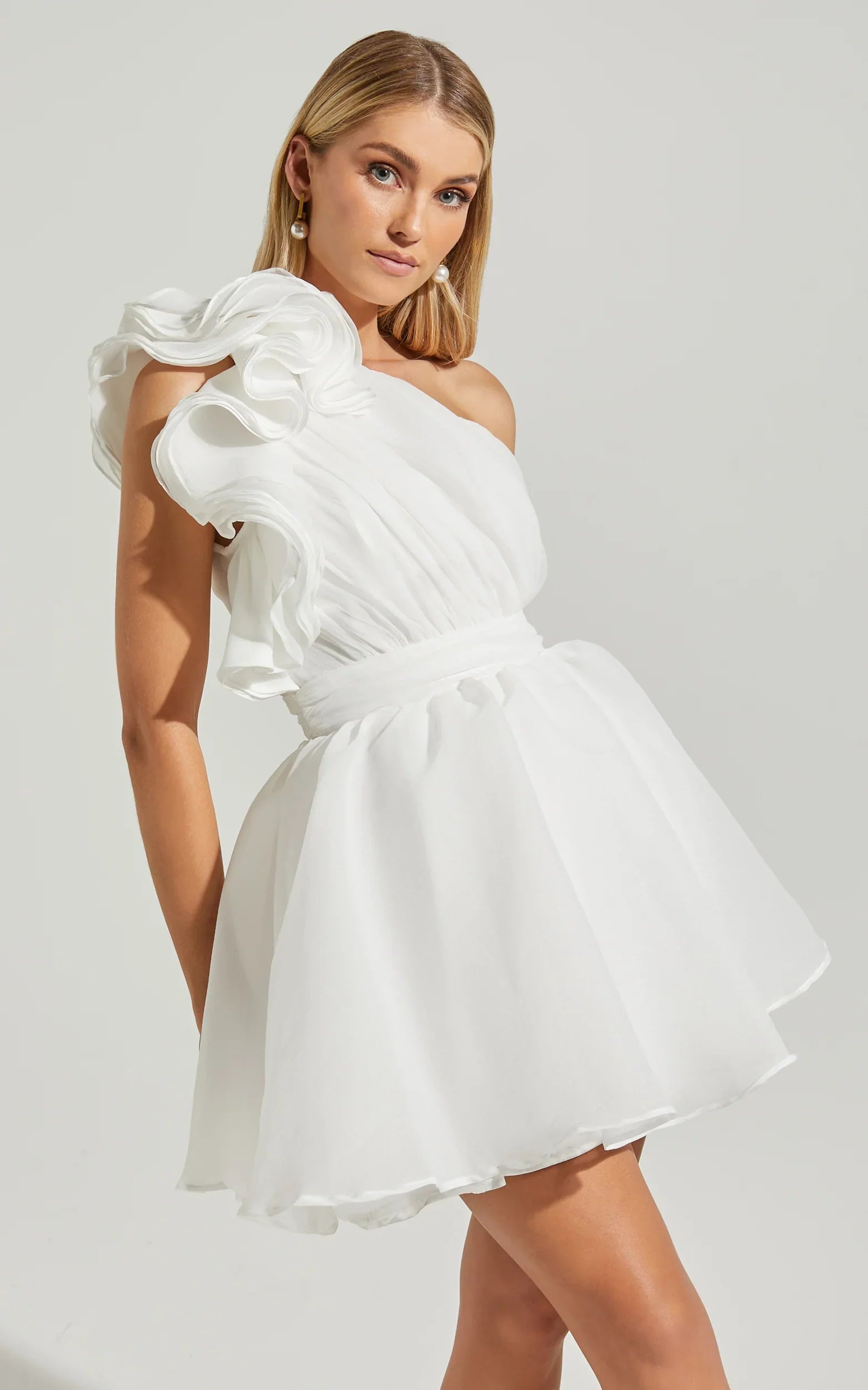 Avriella Mini Dress - One Shoulder Detail Fit & Flare in Ivory